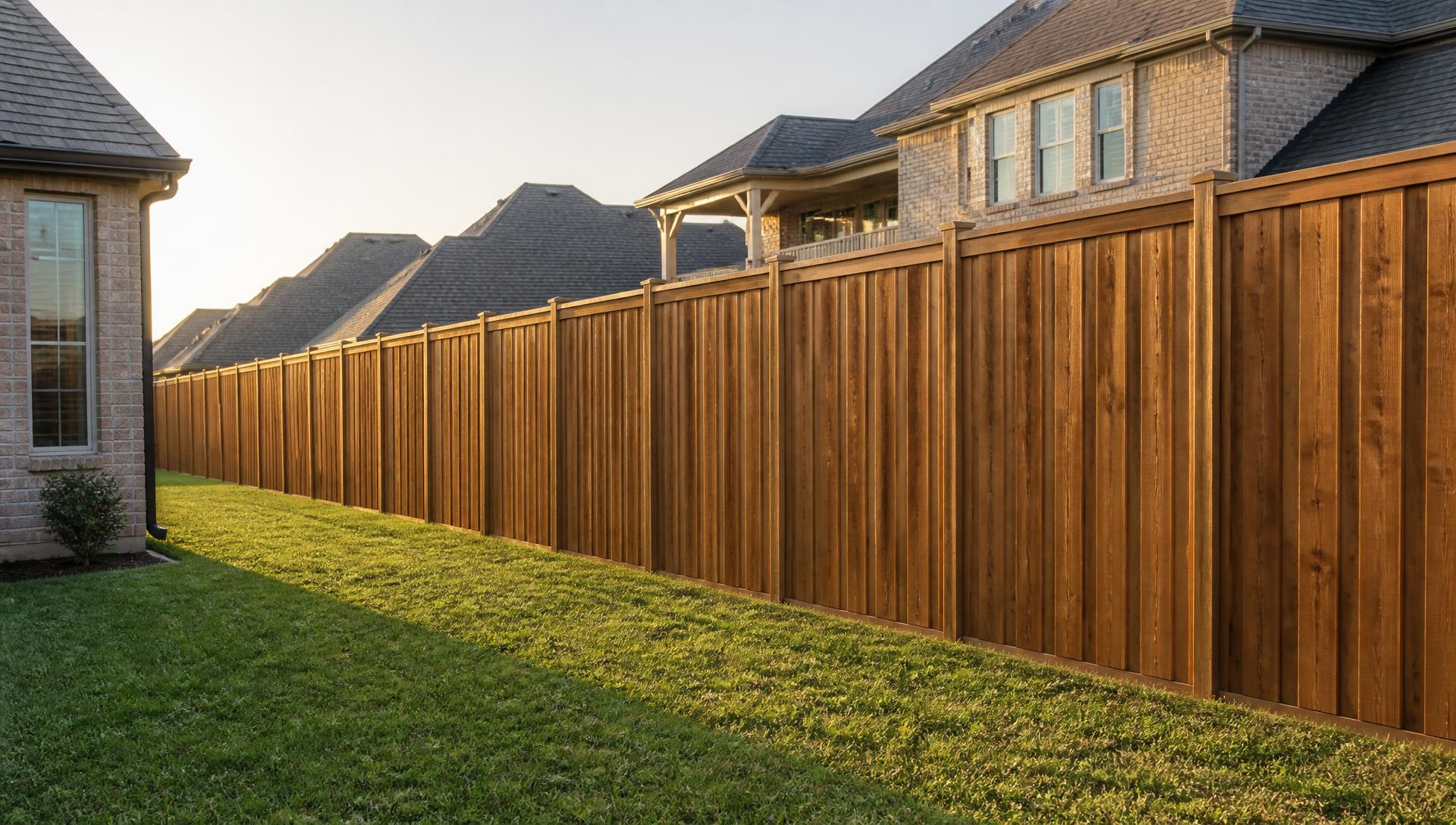 Newly installed cedar wood privacy fence behind a brick home in Dallas, TX